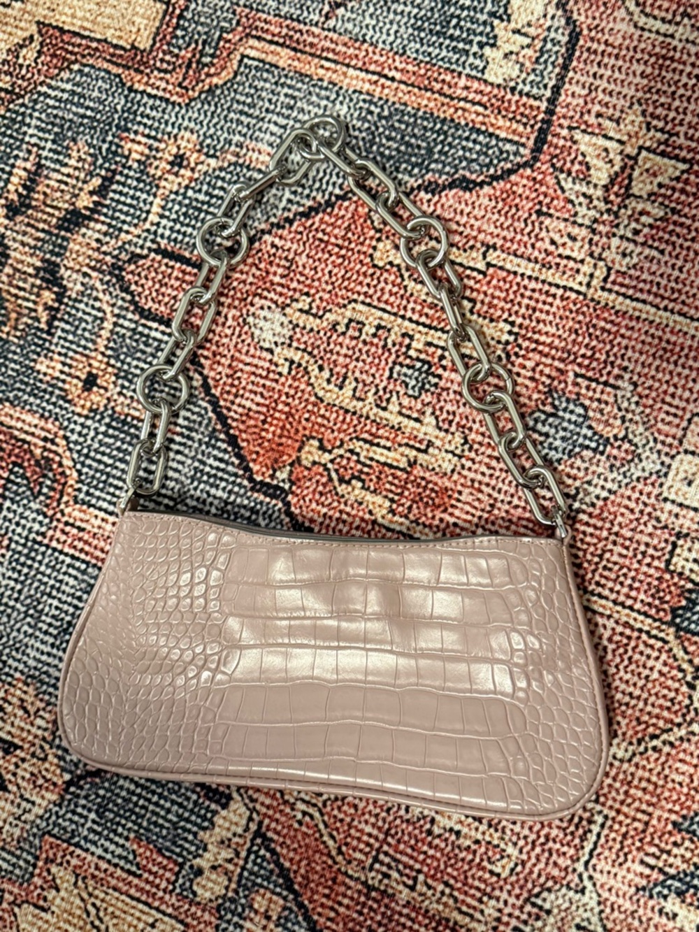 Pink Croc Purse with Silver Chain